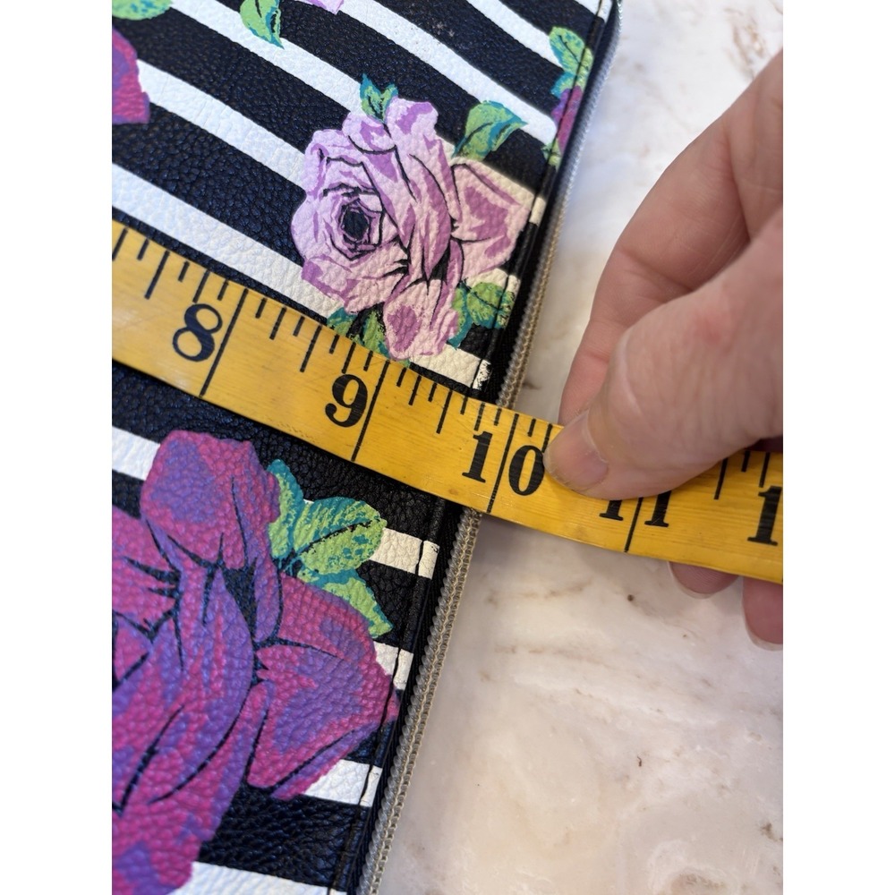 Betsy Johnson Wristlet Clutch Handbag Purse Makeup Medium Stripe Roses Studded - Picture 9 of 14